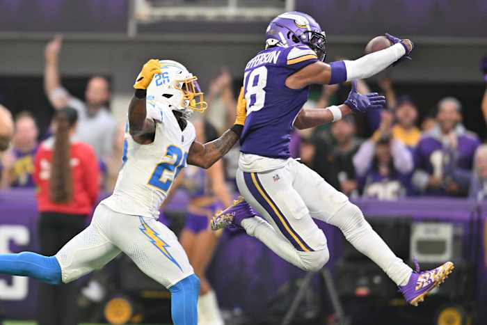 Vikings receiver Justin Jefferson is having an historic season after three consecutive games of nearly 150-plus yards, including 149 yards and a touchdown against the Chargers in Week 3.